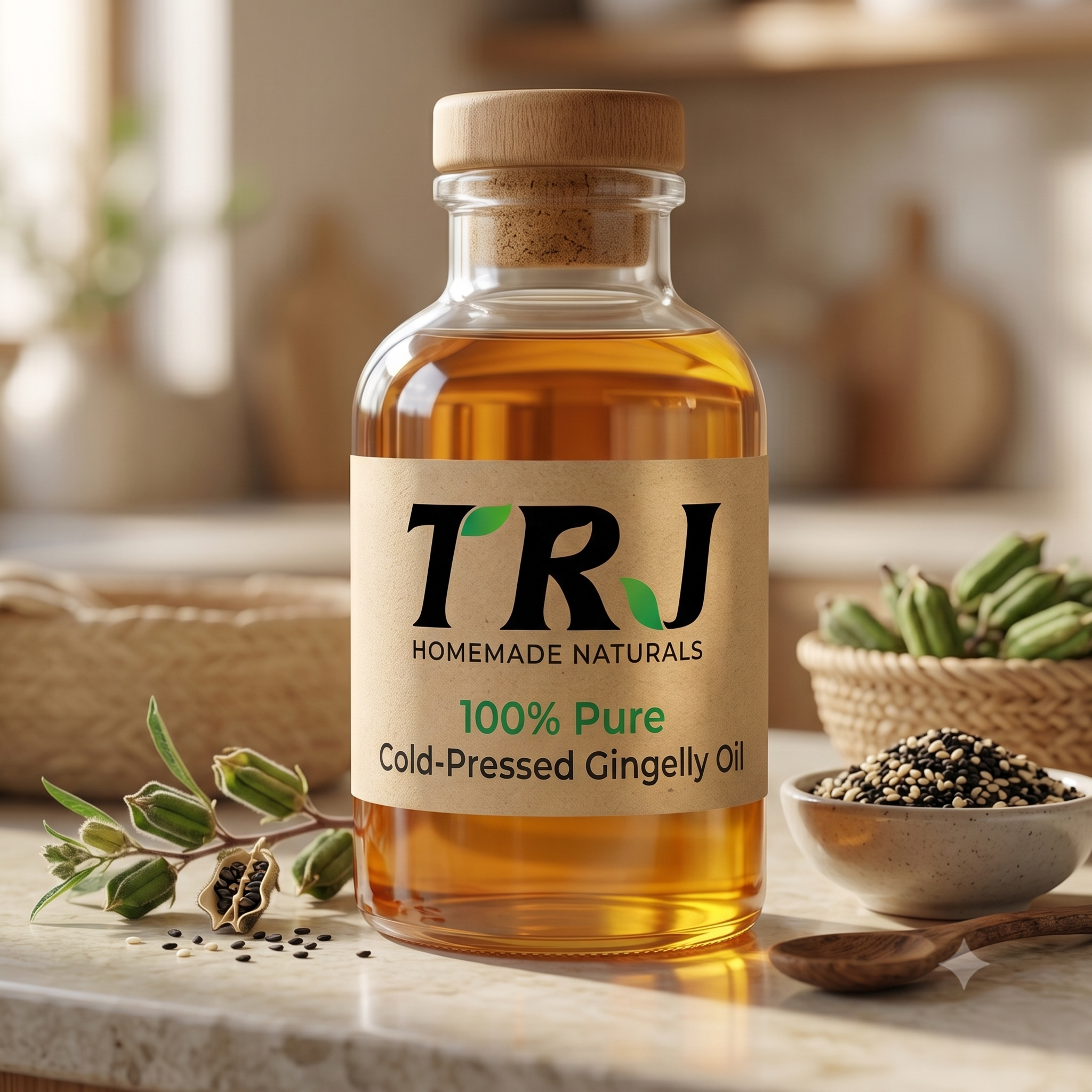 TRJ Homemade Naturals Cold-Pressed Gingelly (Sesame) Oil | 100% Pure & Natural | Unrefined & Chemical-Free | Rich in Antioxidants & Healthy Fats | 500ml Glass Bottle